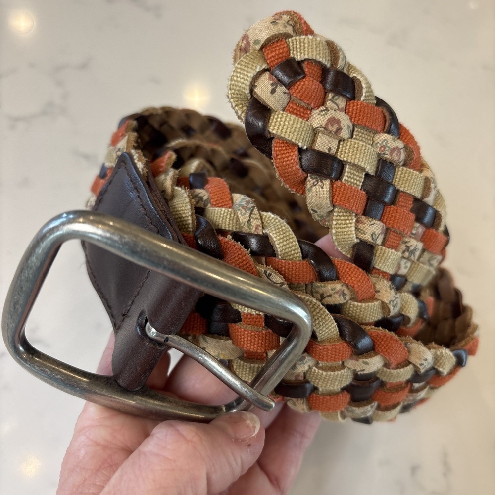Boho Leather Cotton Braided Belt Earthtone Floral Accent Homestead Women LG‎ 44"